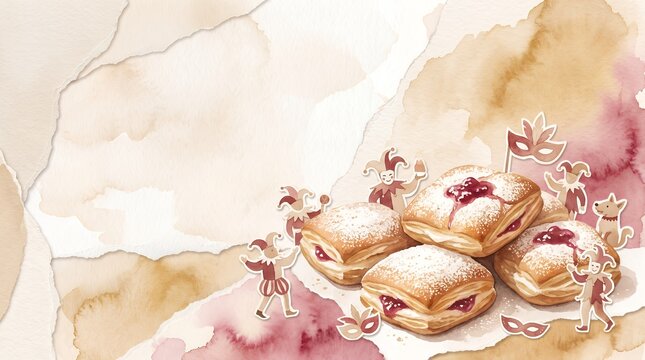 Watercolor Fasching Krapfen Doughnut Pastry Carnival Celebration Background Illustration