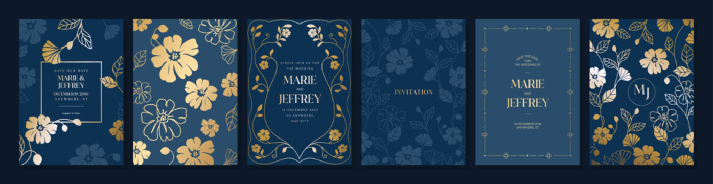 Luxury invitation card design vector set. Elegant wedding card with botanical flower decorative on navy blue background. Design illustration for cover, poster, gala.