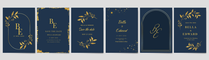 Obraz na płótnie Canvas Luxury invitation card design vector set. Elegant wedding card with botanical flower decorative on navy blue background. Design illustration for cover, poster, gala.