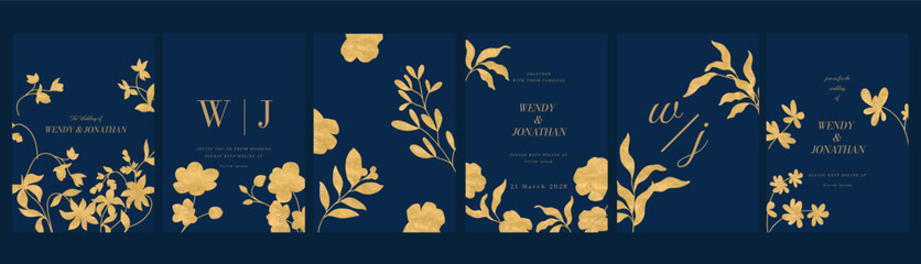 Fototapeta na wymiar Luxury invitation card design vector set. Elegant wedding card with botanical flower decorative on navy blue background. Design illustration for cover, poster, gala.