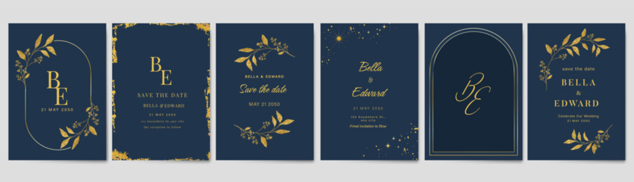 Luxury invitation card design vector set. Elegant wedding card with botanical flower decorative on navy blue background. Design illustration for cover, poster, gala.