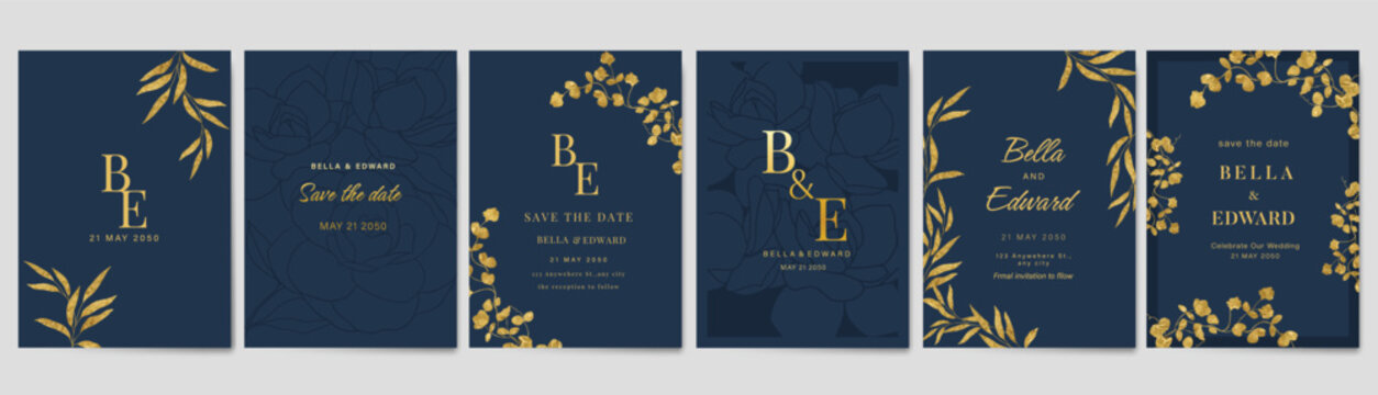 Luxury invitation card design vector set. Elegant wedding card with botanical flower decorative on navy blue background. Design illustration for cover, poster, gala.