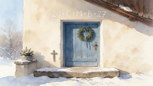 Watercolor Epiphany chalk blessing above farmhouse front door