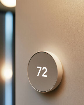 Minimalist smart thermostat mounted on textured wall. Display shows number 72 in clean white digits. Soft lighting highlights sleek, circular design. Modern home or office environment implied