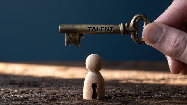 Antique key labeled talent hovers above a wooden pegman with keyhole cutout