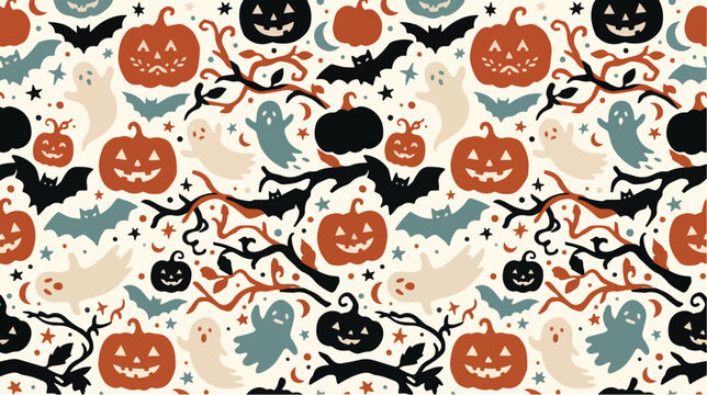 Halloween seamless pattern vector illustration with pumpkins bats ghosts and spooky elements in retro colors