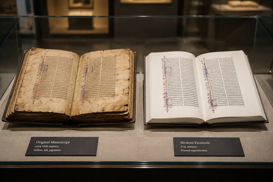 Ancient manuscript and modern facsimile in museum display, texture contrast under soft light.