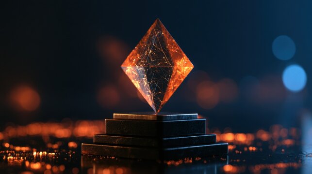 Orange geometric diamond rests atop stacked dark platforms a 3d rendering