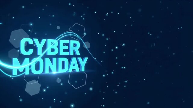Cyber Monday glowing 3D text loop with swirling neon light rings and digital hexagon particles over deep blue space background
