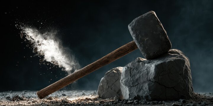 Sledgehammer striking a rock causes fragmentation and dust dramatic lighting