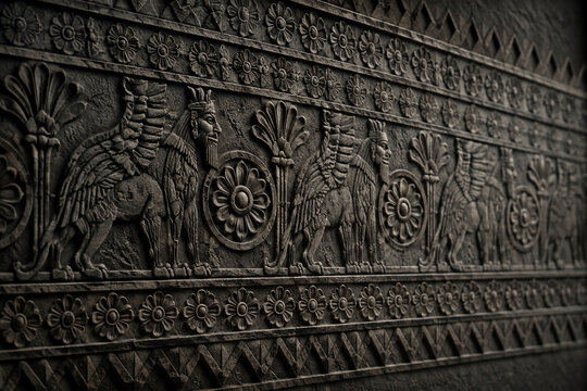 Assyrian bas-relief with symmetrical rosettes and geometric patterns on dark plaster.
