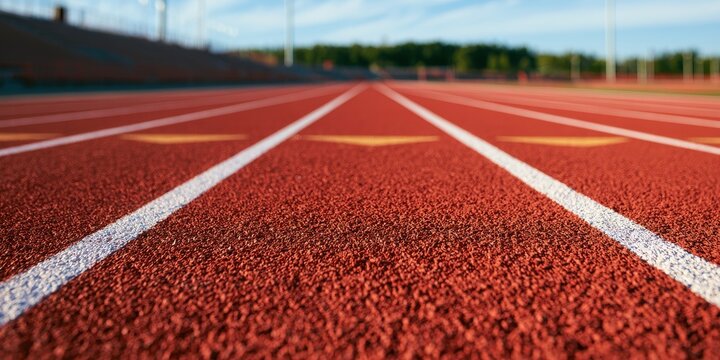 Running track lanes stretch towards the stadium showcasing a textured red surface