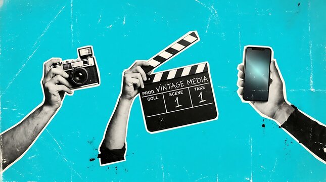 Retro Film Production Equipment Collage with Hands Holding a Camera, Smartphone and Clapperboard on a Textured Blue Background
