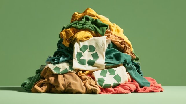 Pile of folded garments with recycling symbol against a green background