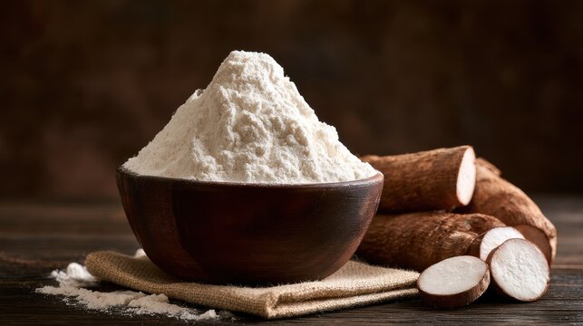 Cassava flour in a wooden bowl with raw cassava roots on a rustic surface