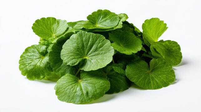 A pile of gotu kola leaves rests against a plain white background