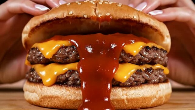 Double Cheeseburger Drip: A mouthwatering double cheeseburger, dripping with savory ketchup and melted cheddar cheese, is held between two hands, ready to be devoured.