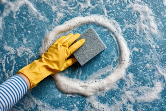Hand wearing yellow gloves cleans a surface with a gray sponge soapy water
