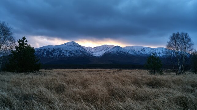Snow capped mountains rise above a golden field under a dramatic sky