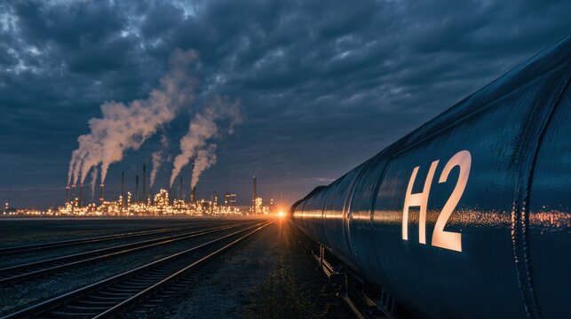 Hydrogen tank car on railway tracks with industrial refinery in background
