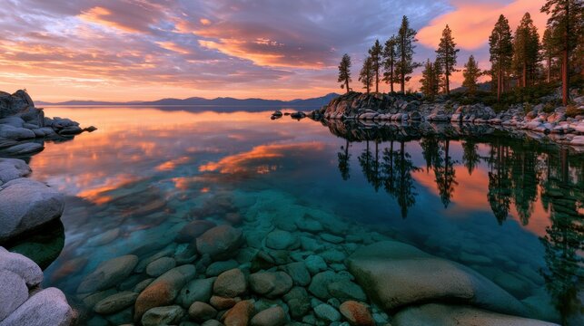 Lake tahoe shoreline at sunset displays rocky foreground and vibrant sky