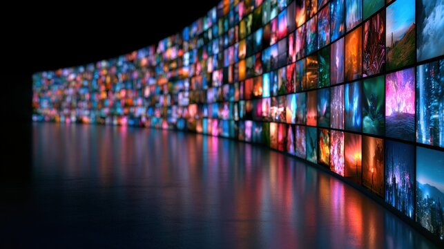 Curved wall displaying numerous illuminated screens in a dark environment