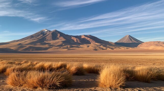 Andean mountains and golden grasslands stretch under a clear blue sky