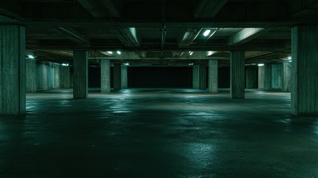 Empty parking garage with concrete pillars and fluorescent lighting moody atmosphere