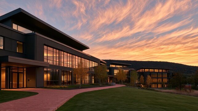 Modern office building exterior at dusk with dramatic orange sky