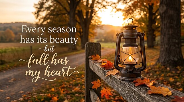 Rustic autumn scene with lit lantern on wooden fence during sunset fall season rural landscape