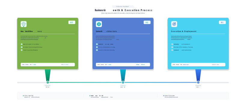 Business growth strategy with ideation discovery system architecture and execution deployment stages in a visual roadmap