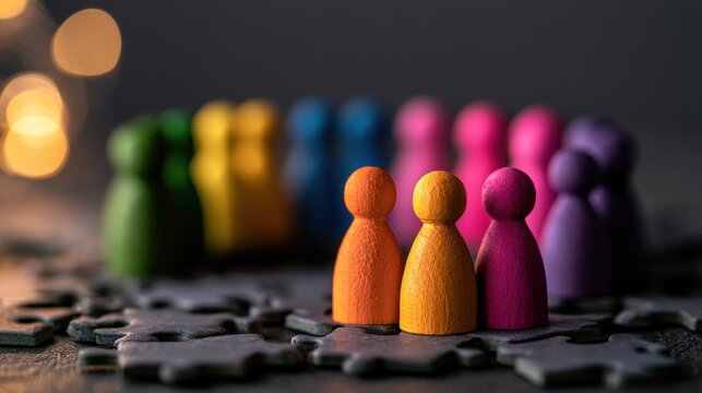 Colorful wooden peg people stand on interlocking puzzle pieces shallow depth of field