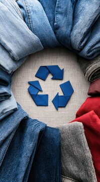 Recycling symbol made from folded denim and colored fabrics on a linen surface