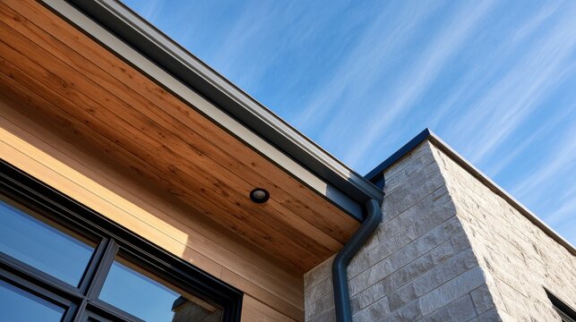 Exterior building corner features wood siding stone veneer and a metallic gutter system