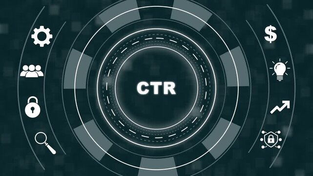 Dynamic digital interface displaying click through rate ctr metrics with animated marketing and futuristic data analytics hud for online advertising performance and conversion rate optimization