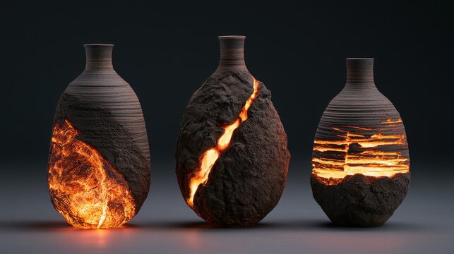 Ceramic vases with fractured surfaces and glowing orange interiors dramatic lighting