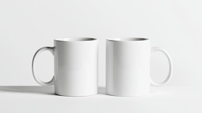Two white ceramic mugs stand against a light gray backdrop