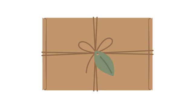 Kraft cardboard gift box vector, eco friendly packaging with string bow and leaf tag, craft paper present box illustration