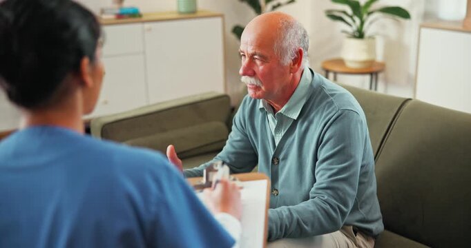Worry, old man or nurse in home with consulting, memory decline or notes on chronic progression. Checklist, caregiver and senior with dementia stress, brain health evaluation and comfort in homecare