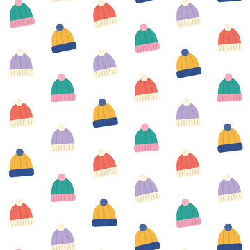 Knitted hats with pompom on transparent background, winter.