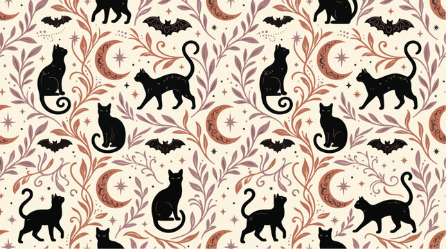 Halloween seamless pattern vector illustration featuring cute black cats, crescent moons, and flying bats