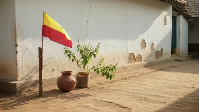 Karnataka Flag and Tulsi Plant in Traditional Rural Village Courtyard