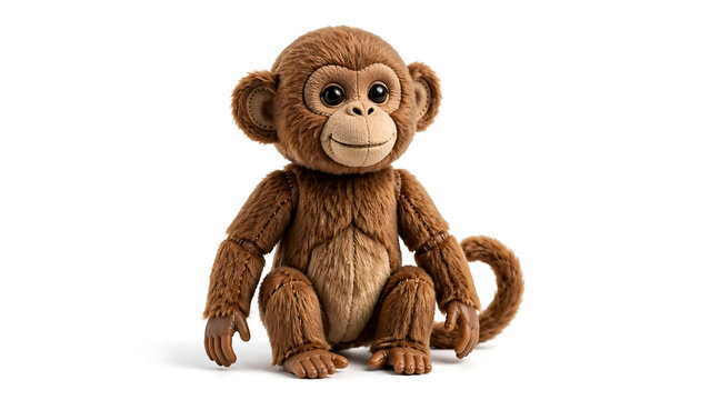 A cute brown plush monkey sitting on a white background