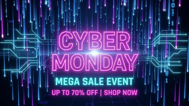 Cyber Monday 70% off sale neon motion graphic loop with glowing typography and matrix binary code rain over circuit board background
