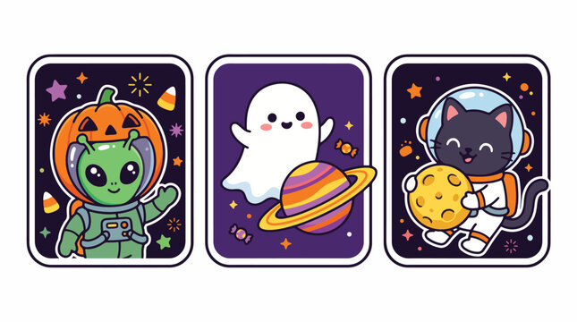 Halloween vector sticker collection featuring cute cartoon alien ghost and astronaut cat characters