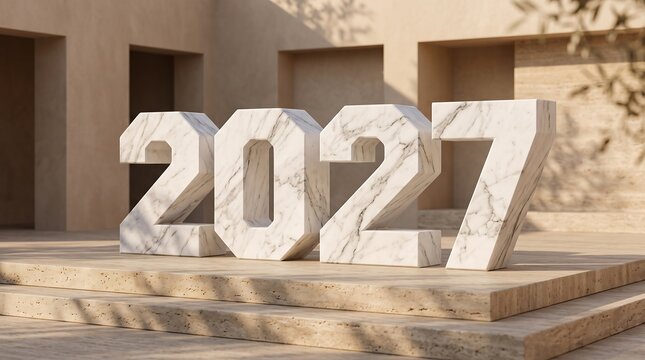Marble numerals spelling two thousand twenty seven stand on a beige platform illuminated by sunlight