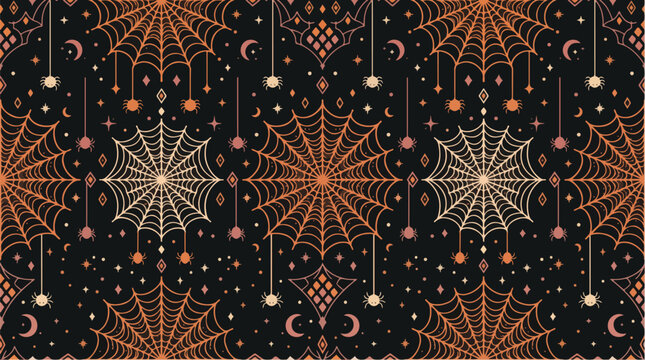 Spiderweb seamless vector pattern featuring spooky Halloween elements in orange and black colors
