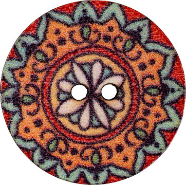 Decorative round wooden sewing button with colorful orange red mandala floral pattern