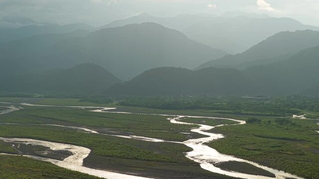Aerial view of Lanyang River and valley in Taiwan