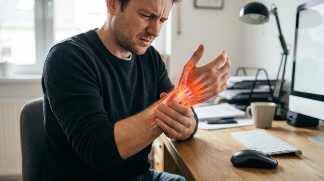 Man Holding Wrist with Pain While Working at a Desk